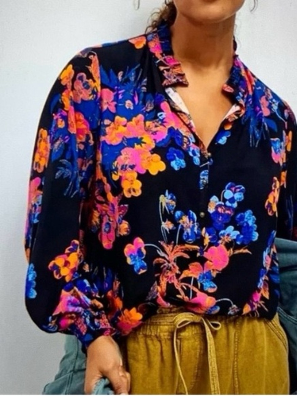 Euc ANTHROPOLOGIE MAEVE COLETTE PULLOVER PEASANT BLOUSE TOP PINK BLACK FLORAL M - Picture 2 of 11